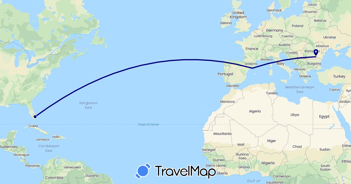 TravelMap itinerary: driving in Spain, Romania, United States (Europe, North America)